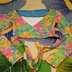 Seea Tropical Blue Pink Bikini Swim Fitness Top Long sleeves New XS